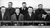 Ława oskarżonych, od lewej Witold Pilecki, Maria Szelągowska, Tadeusz Płużański