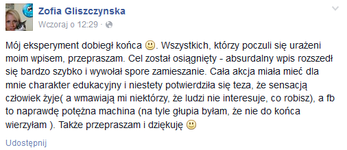 Fot.screenshot/FB/Zofia Gliszczynska