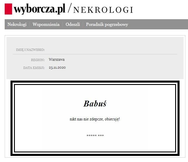 nekrolog / autor: screen/wyborcza.pl