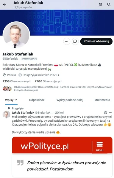 Screenshot z profilu Jakuba Stefaniaka na X