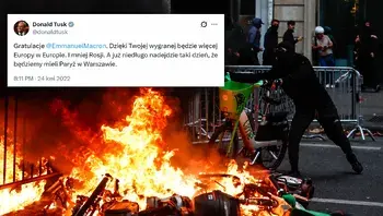 Płonąca ulica z nakładką tweeta.webp