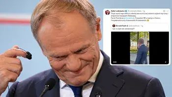 Donald Tusk z tweetem w tle.webp