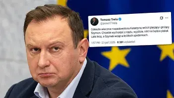 Polityczny tweet na tle flagi UE.webp