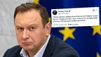 Polityczny tweet na tle flagi UE.webp